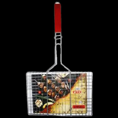 Stainless Steel BBQ Grill Basket with Wooden Handle — Folding Mesh Jali for Kebabs, Fish & Vegetables
