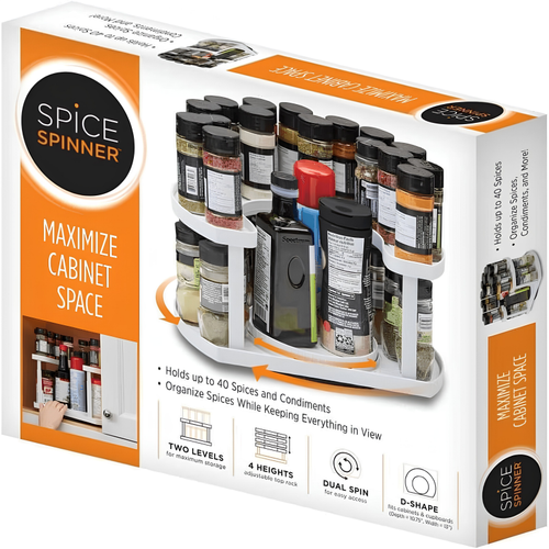 Spice Spinner Two-Tiered Spice Organizer & Holder That Saves Space, Keeps Everything Neat, Organized & Within Reach With Dual Spin Turntables- White