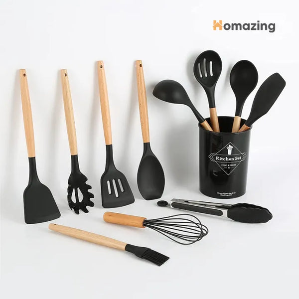 12-Piece Silicone Kitchen Utensil Set with Wooden Handles & Holder — Non-Stick Safe Cooking Tools
